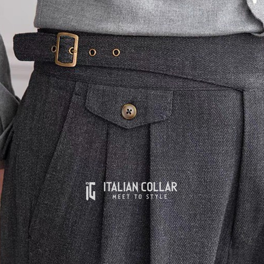 Black Woolen Classic Buckle Gurkha Pants By Italian Collar