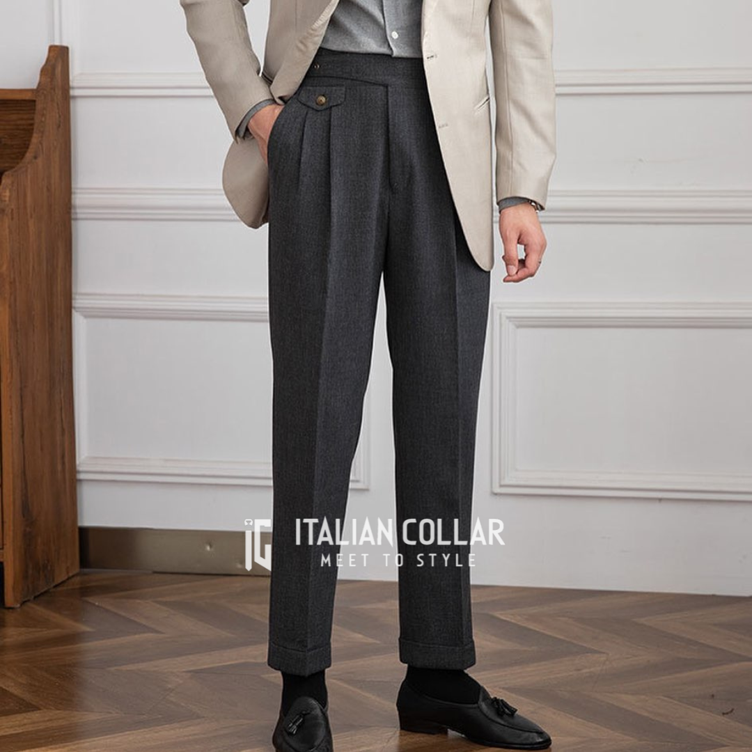 Black Woolen Classic Buckle Gurkha Pants By Italian Collar