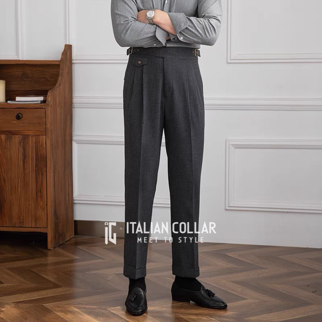 Black Woolen Classic Buckle Gurkha Pants By Italian Collar