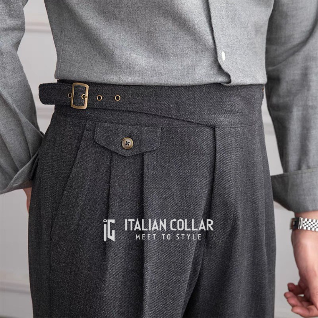 Black Woolen Classic Buckle Gurkha Pants By Italian Collar