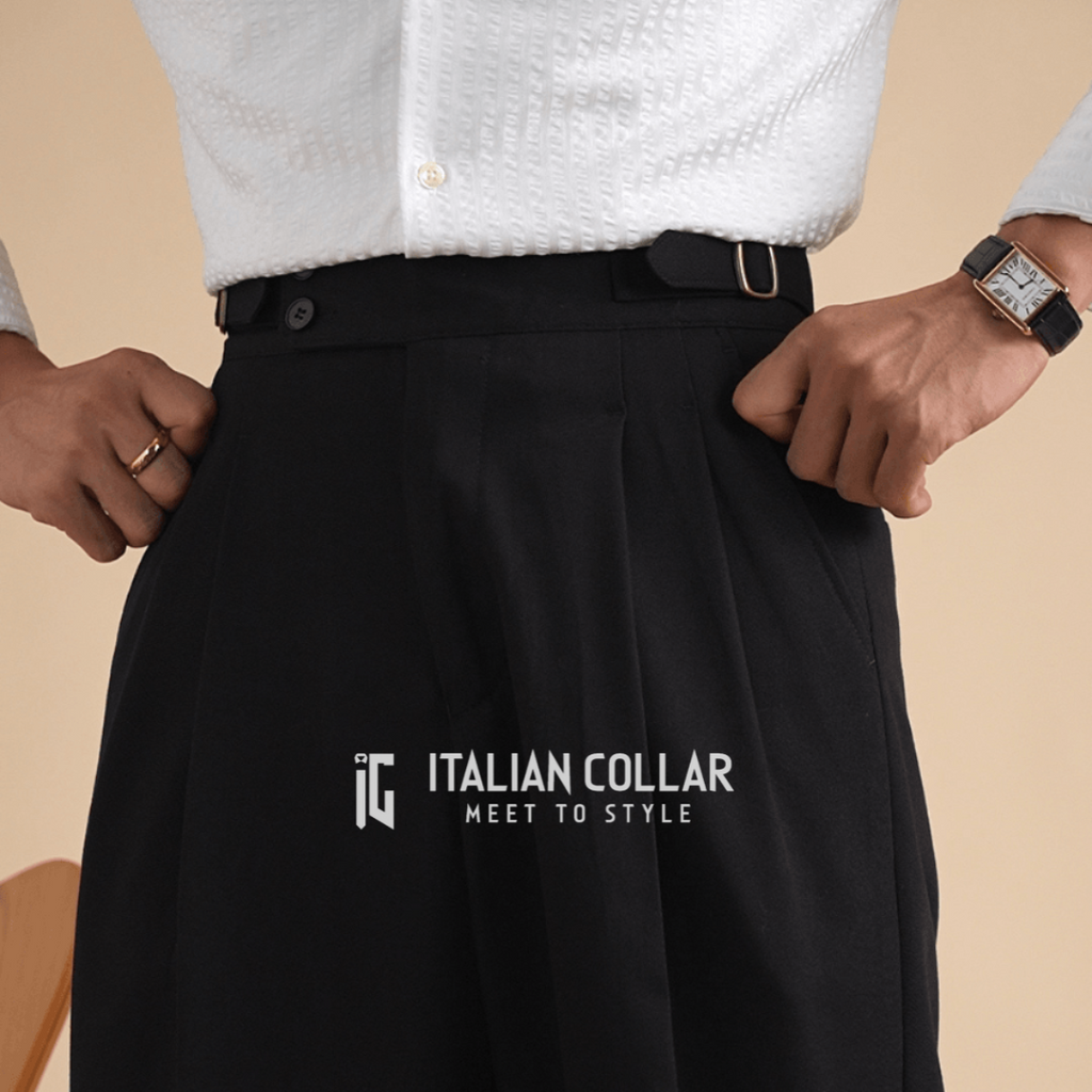 Black Reverse Adjustable  Buckle Gurkha Pants By Italian Collar