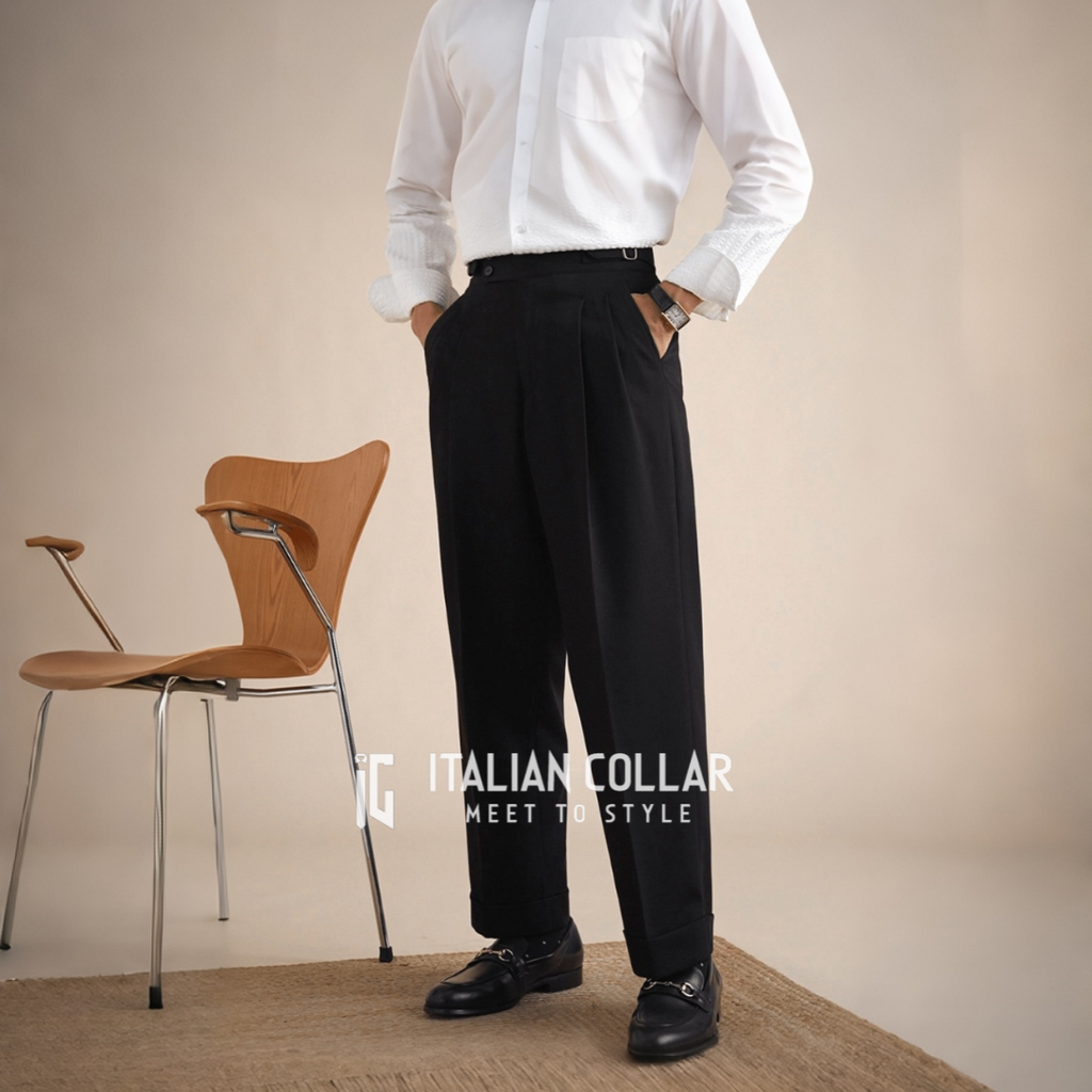 Black Reverse Adjustable  Buckle Gurkha Pants By Italian Collar