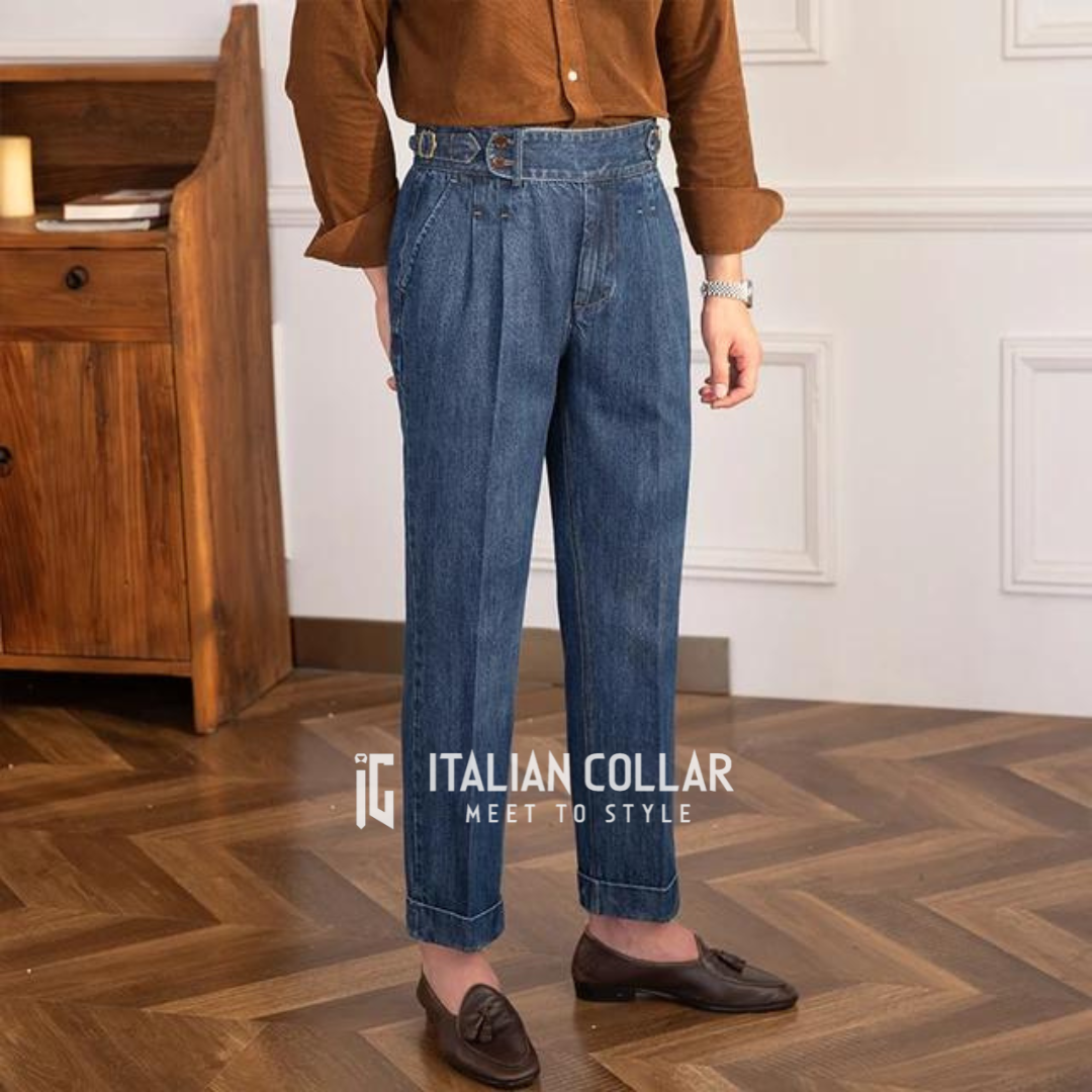 Blue Denim Signature Gurkha Jeans By Italian Collar