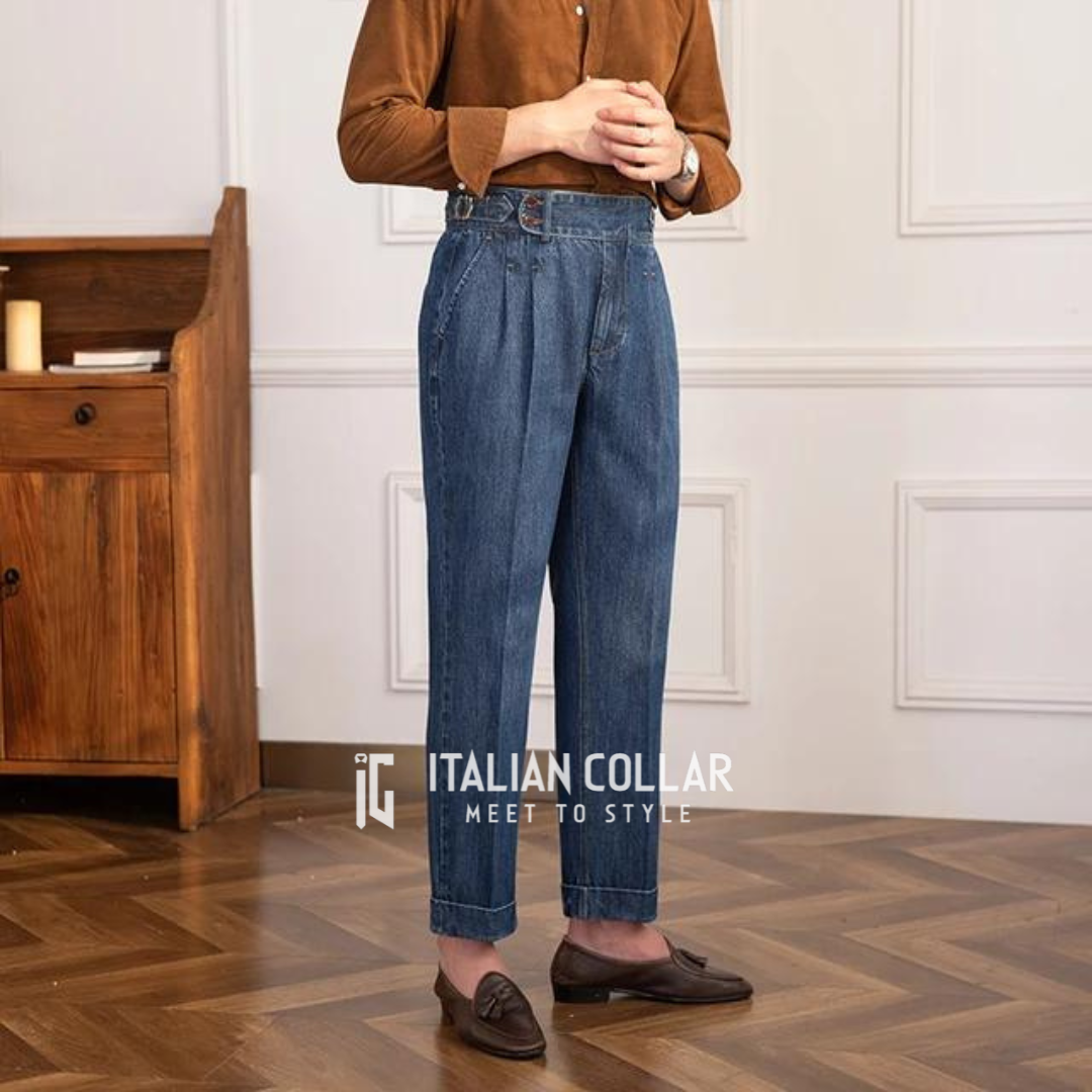 Blue Denim Signature Gurkha Jeans By Italian Collar