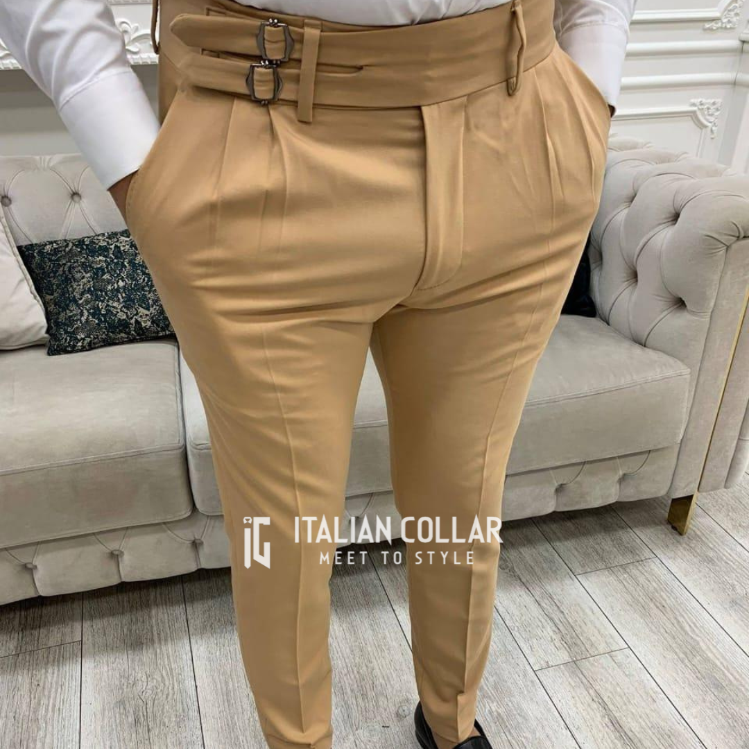 Khaki Double Buckle Gurkha Pants By Italian Collar