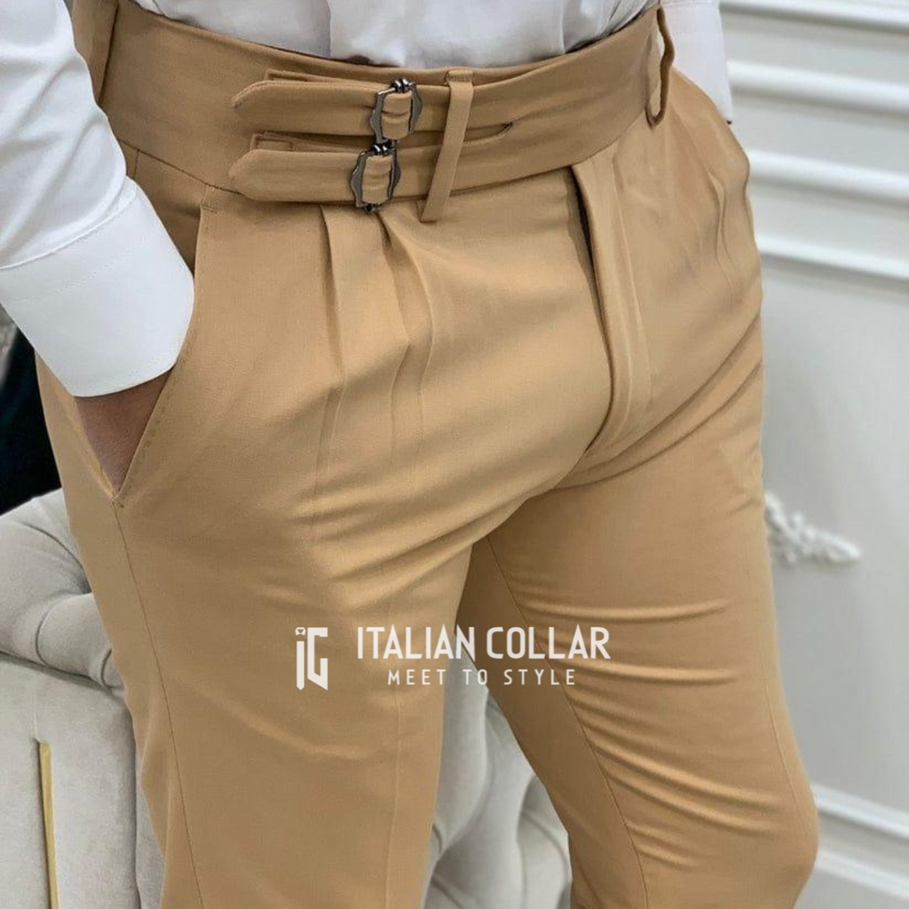 Khaki Double Buckle Gurkha Pants By Italian Collar