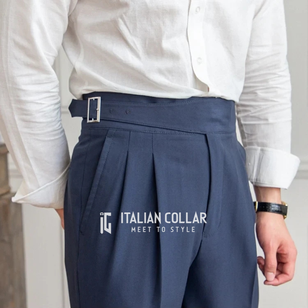 Navy Blue Classic Buckle Gurkha Pants By Italian Collar