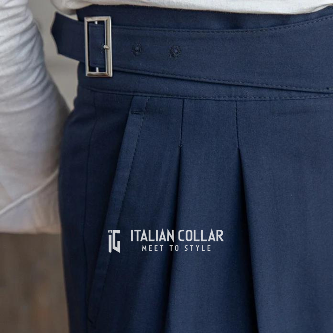 Navy Blue Classic Buckle Gurkha Pants By Italian Collar