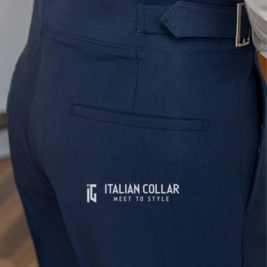 Navy Blue Classic Buckle Gurkha Pants By Italian Collar