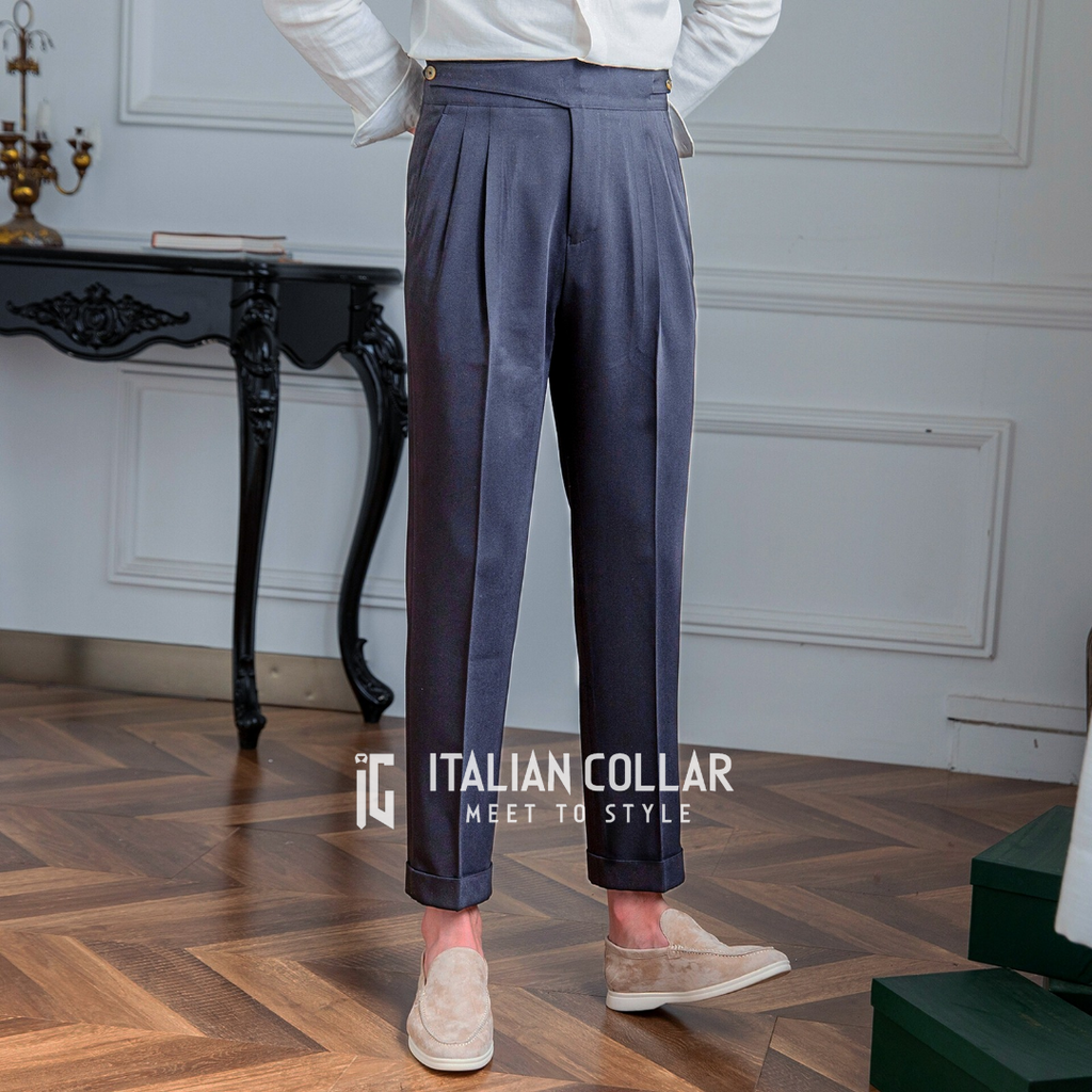 Navy Blue Classic Buttoned Gurkha Pants By Italian Collar