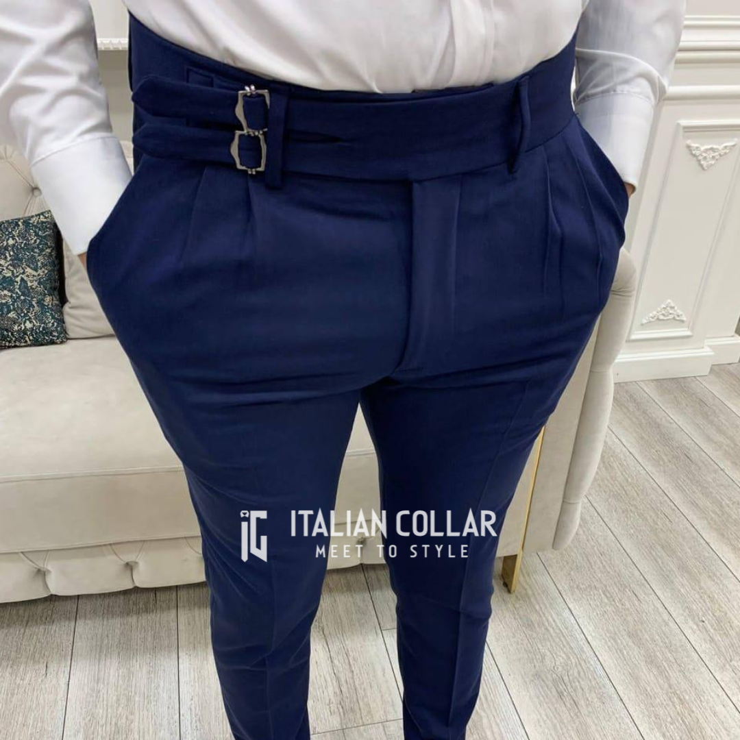 Navy Blue Double Buckle Gurkha Pants By Italian Collar