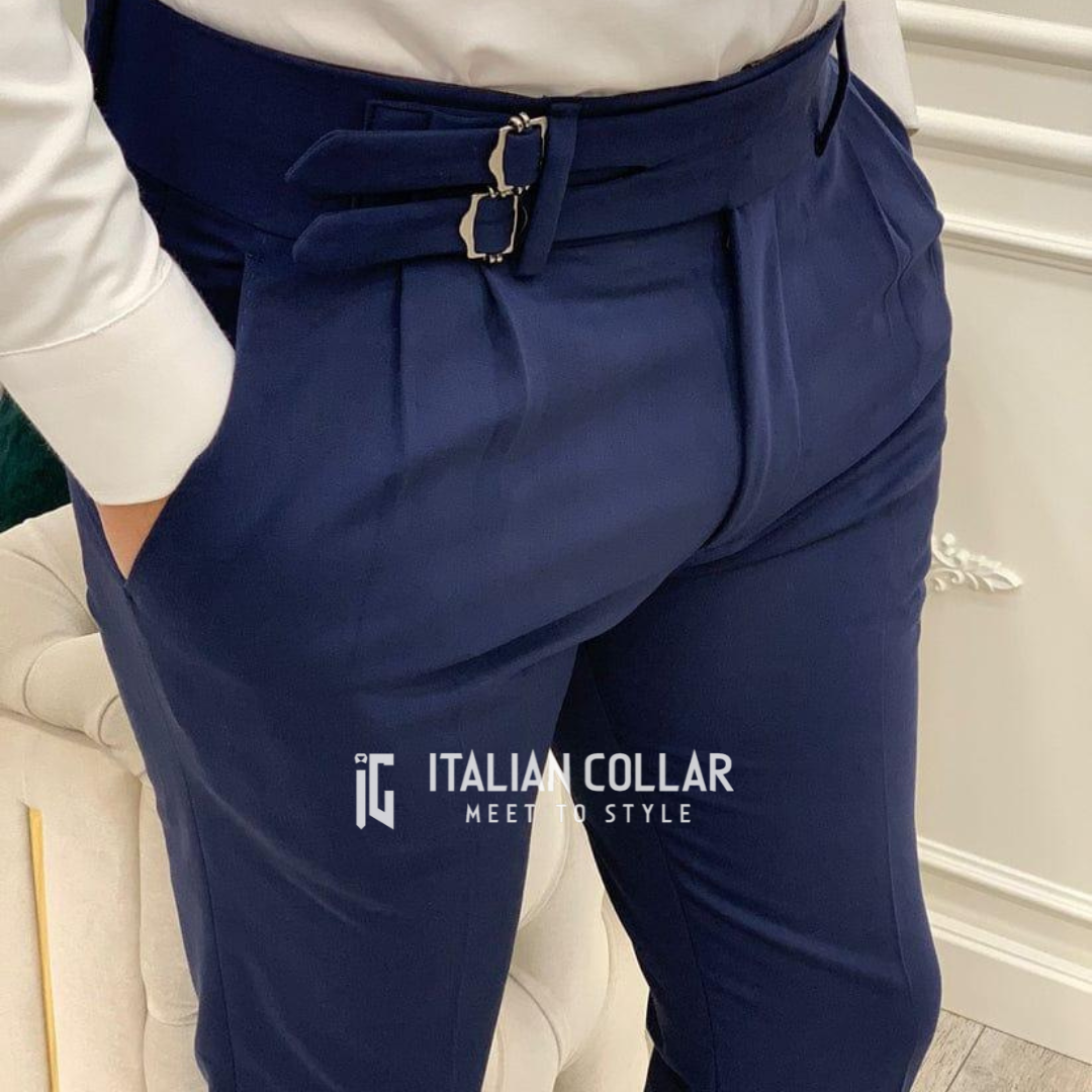 Navy Blue Double Buckle Gurkha Pants By Italian Collar