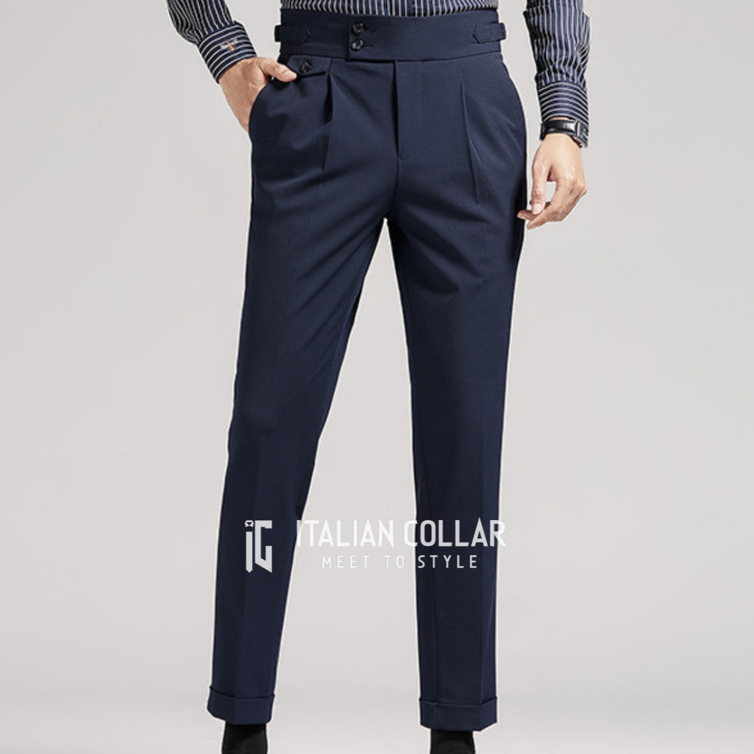 Navy Blue Flap Signature Gurkha Pants By Italian Collar