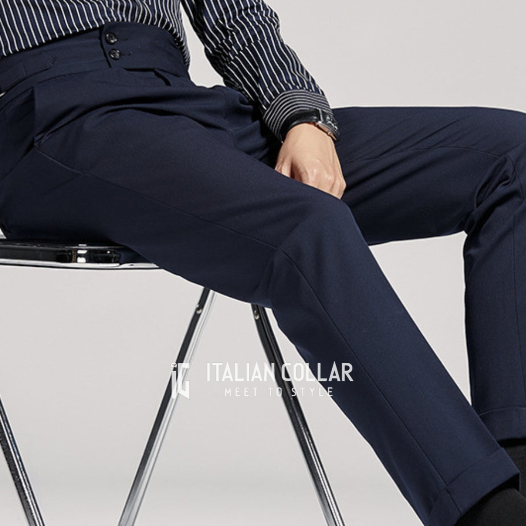 Navy Blue Flap Signature Gurkha Pants By Italian Collar