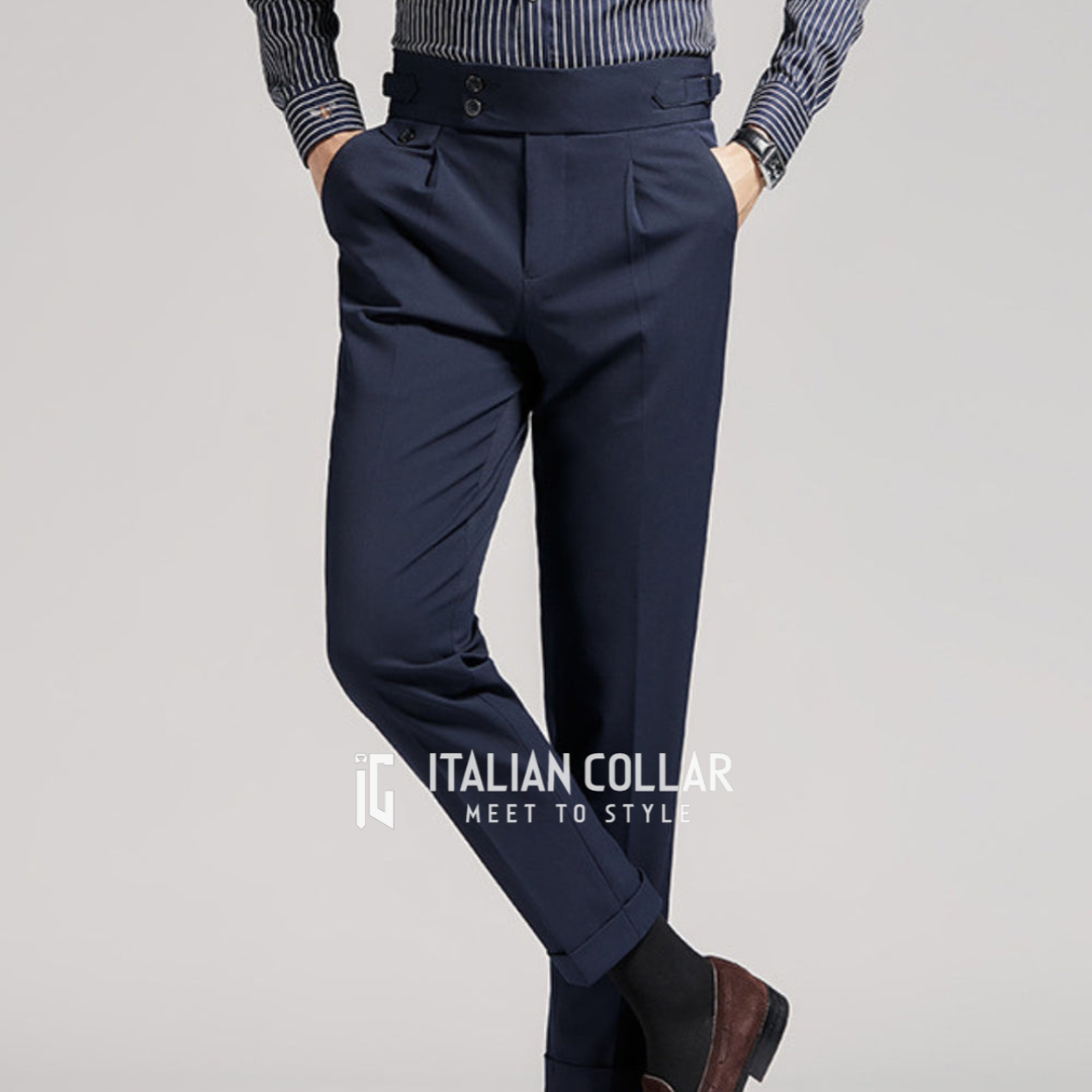 Navy Blue Flap Signature Gurkha Pants By Italian Collar