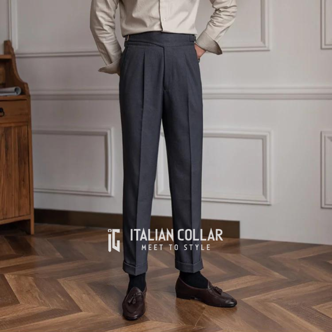 Navy Blue Italian Exotic Formal Gurkha Pants By Italian Collar
