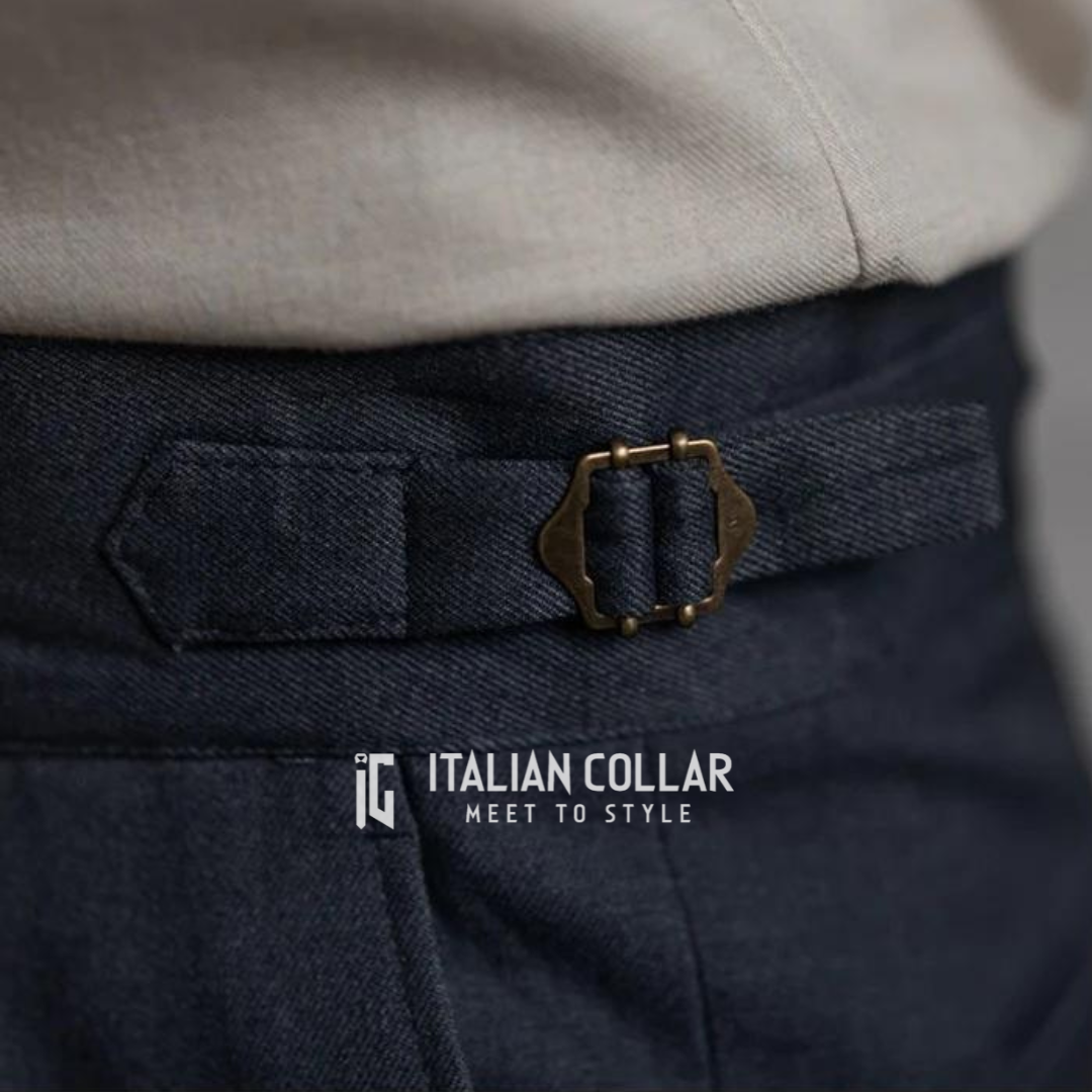 Navy Blue Italian Exotic Formal Gurkha Pants By Italian Collar