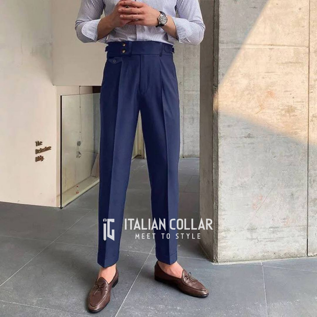 Navy Blue Signature Buttoned Gurkha Pants By Italian Collar