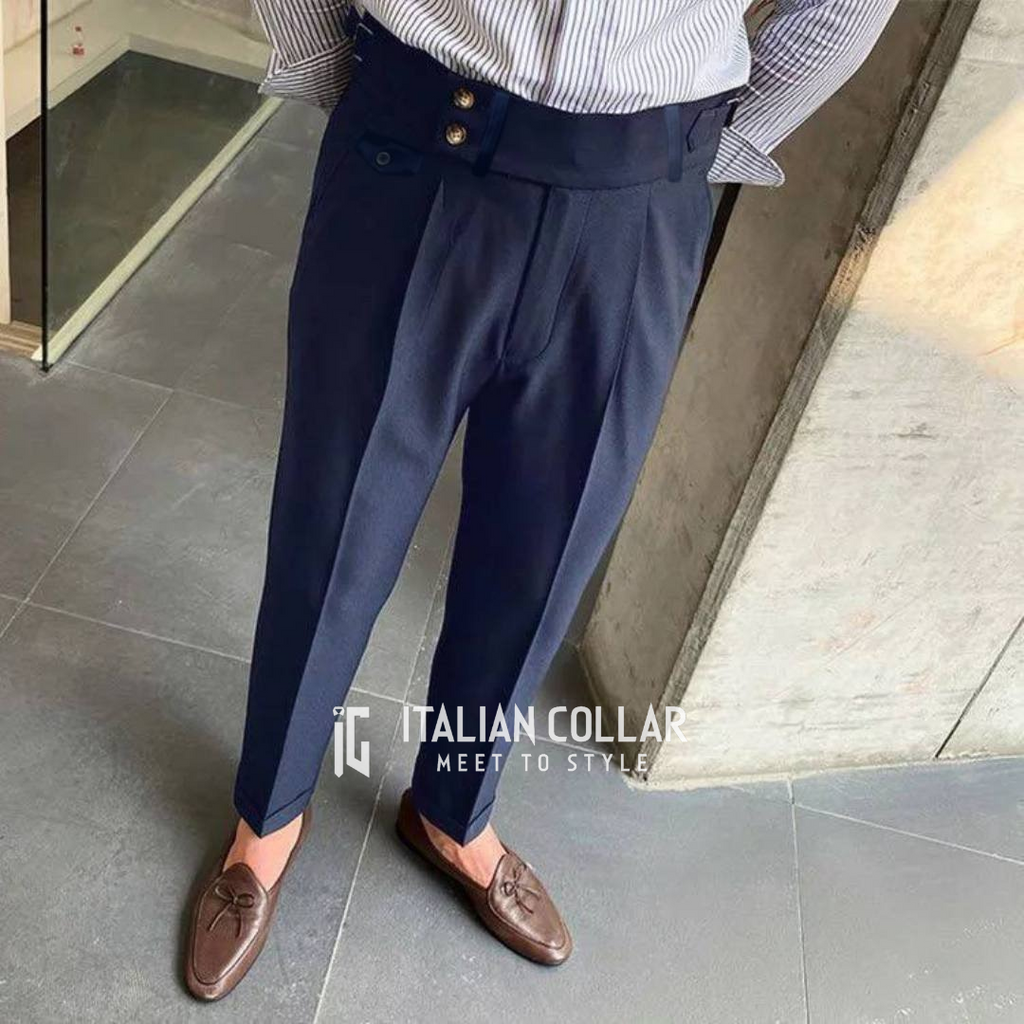 Navy Blue Signature Buttoned Gurkha Pants By Italian Collar
