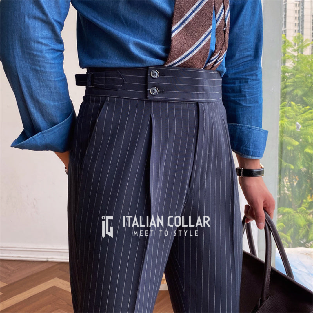 Navy Blue Striped Signature Gurkha Pants By Italian Collar