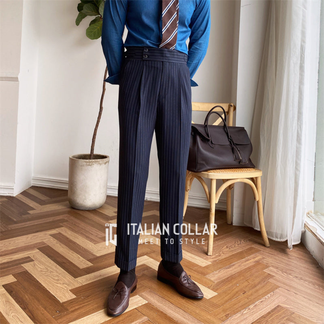 Navy Blue Striped Signature Gurkha Pants By Italian Collar