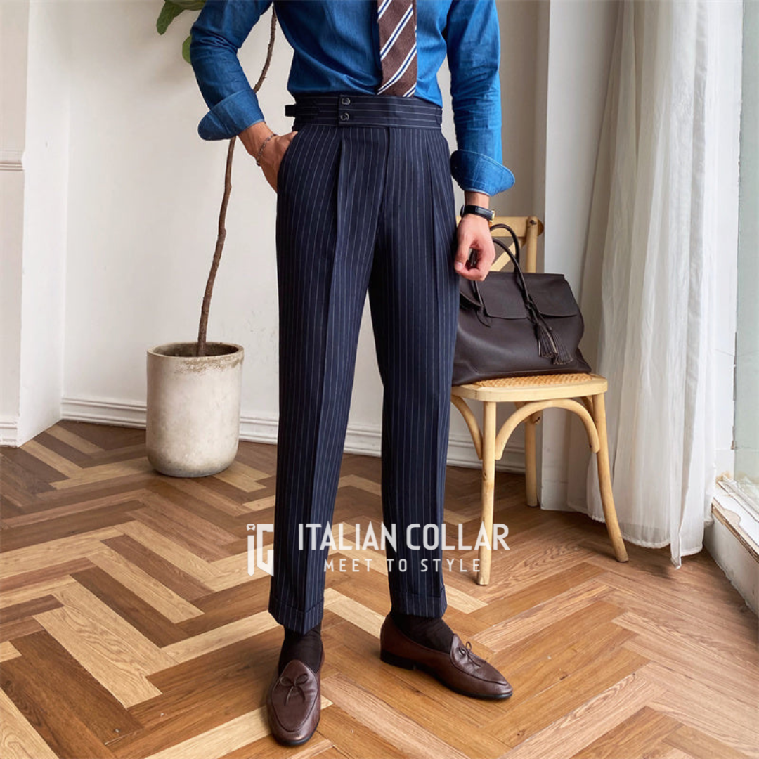 Navy Blue Striped Signature Gurkha Pants By Italian Collar