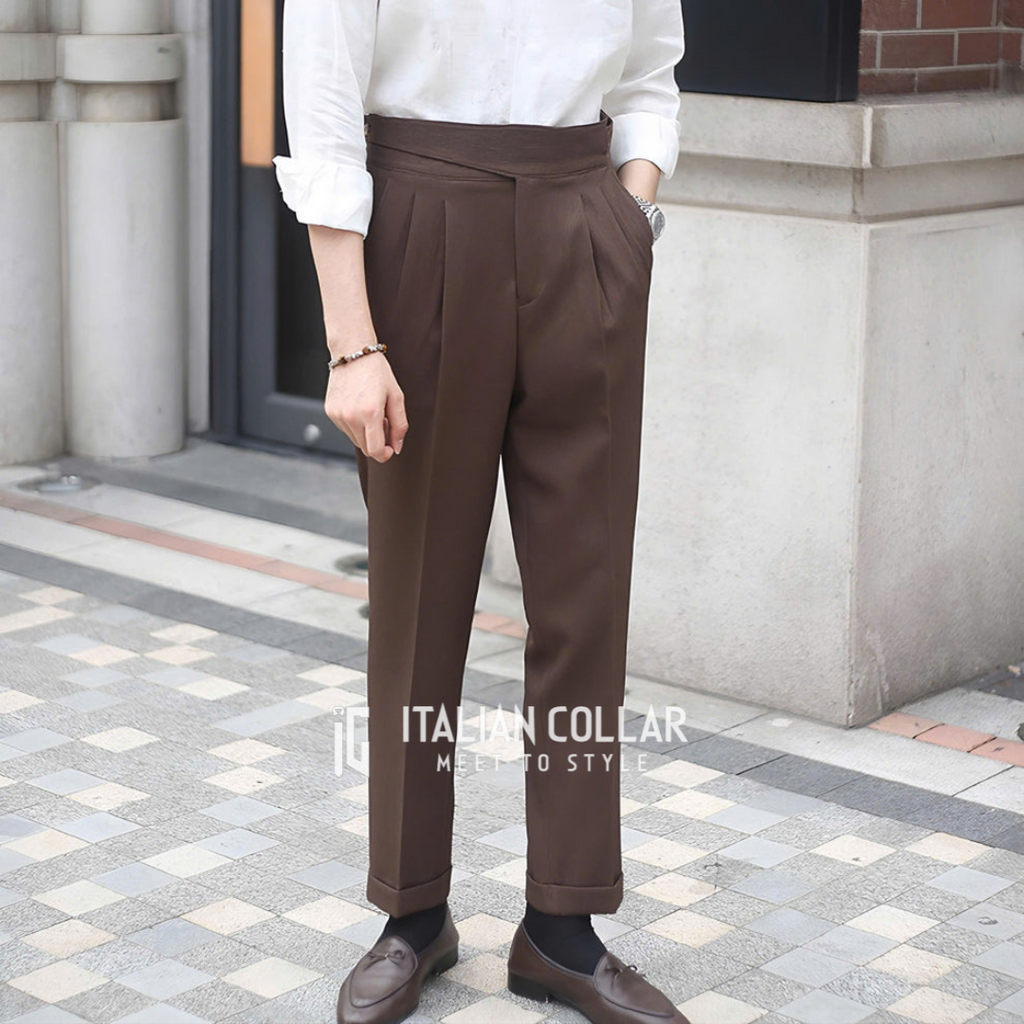 Coffee Classic Buttoned Gurkha Pants By Italian Collar