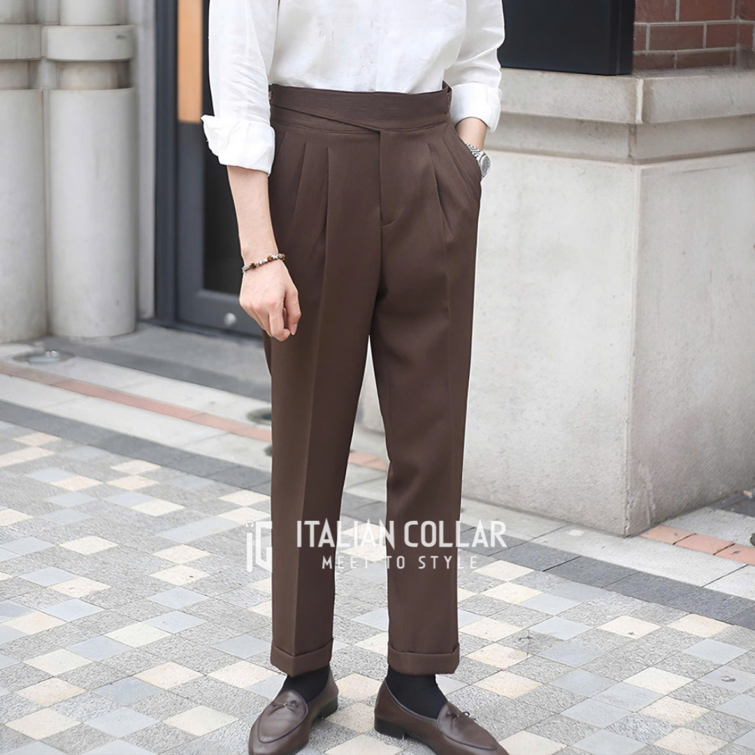 Coffee Classic Buttoned Gurkha Pants By Italian Collar