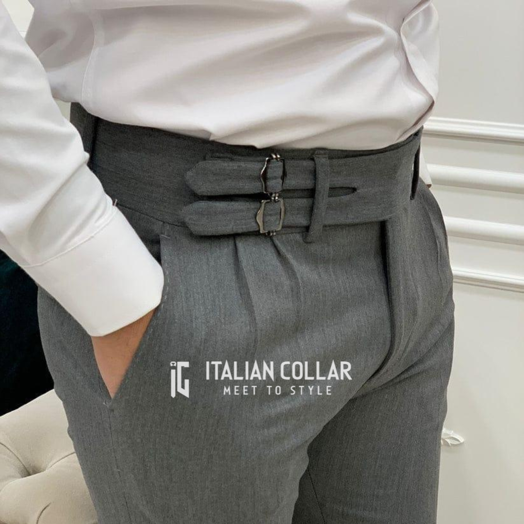 Stone Gray Double Buckle Gurkha Pants By Italian Collar