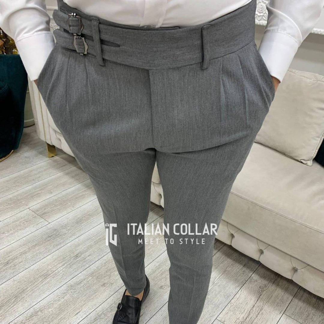 Stone Gray Double Buckle Gurkha Pants By Italian Collar