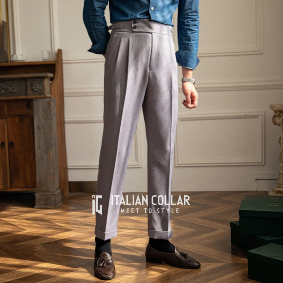 Stone Grey Signature Buttoned Gurkha Pants By Italian Collar