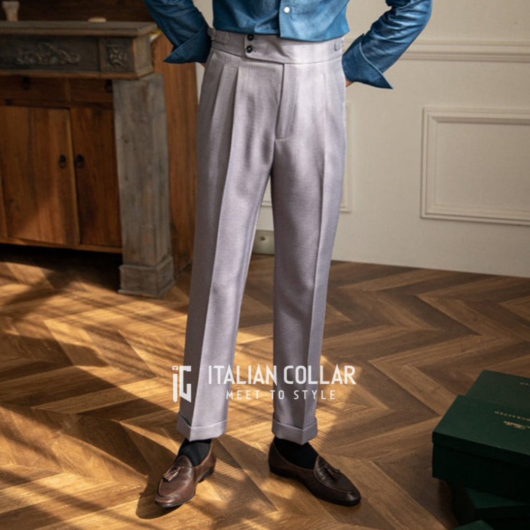 Stone Grey Signature Buttoned Gurkha Pants By Italian Collar