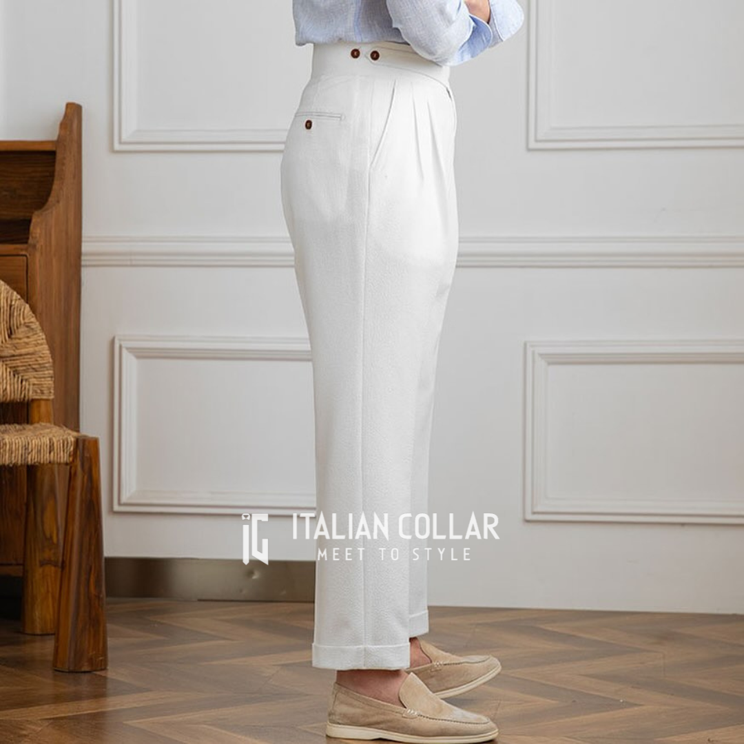 White Classic Buttoned Gurkha Pants By Italian Collar