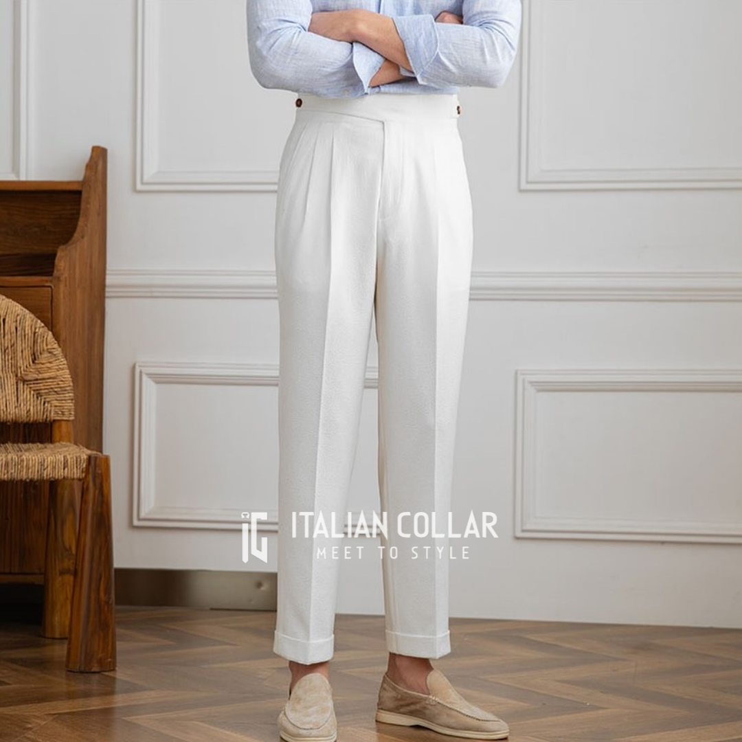 White Classic Buttoned Gurkha Pants By Italian Collar