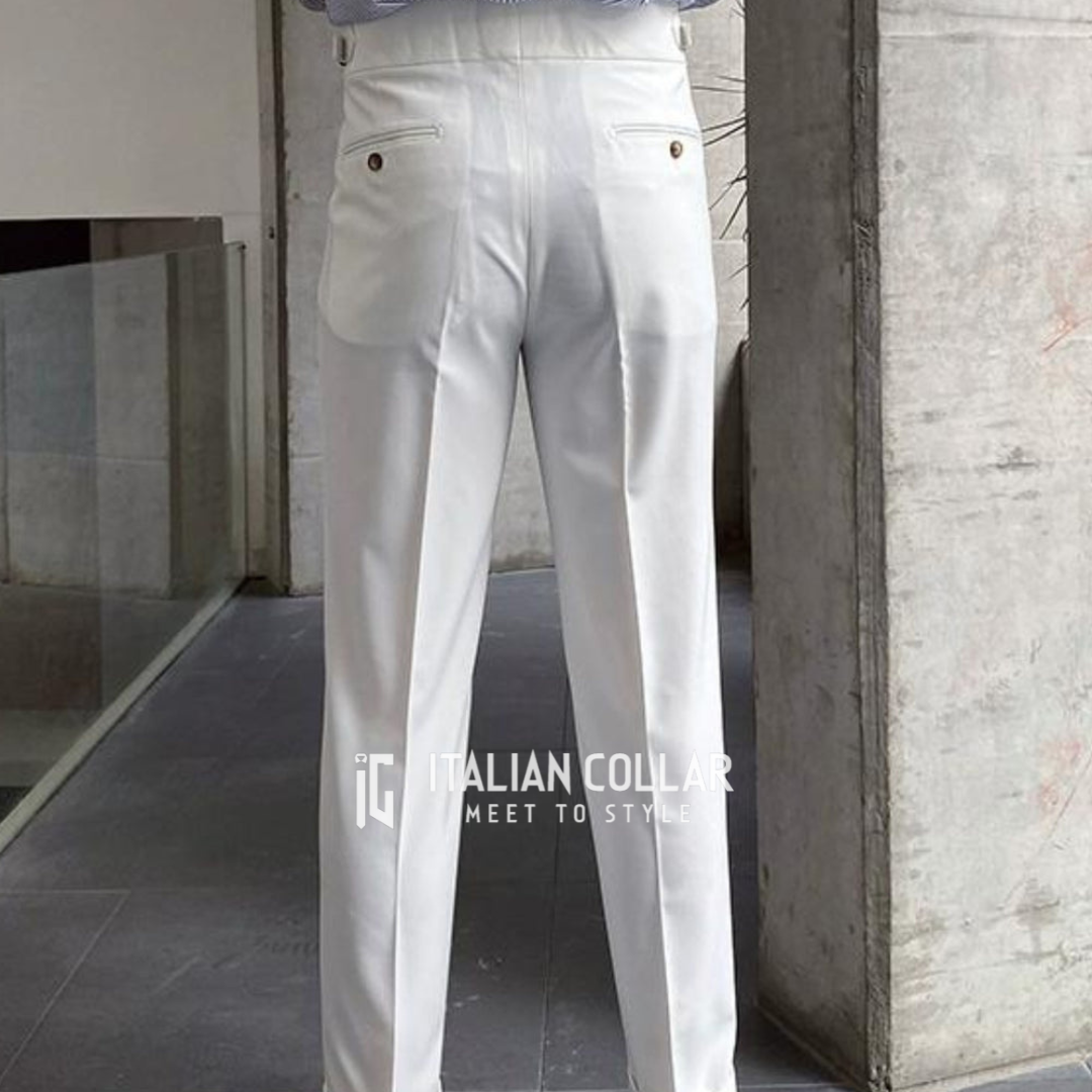 White Signature Buttoned Gurkha Pants By Italian Collar