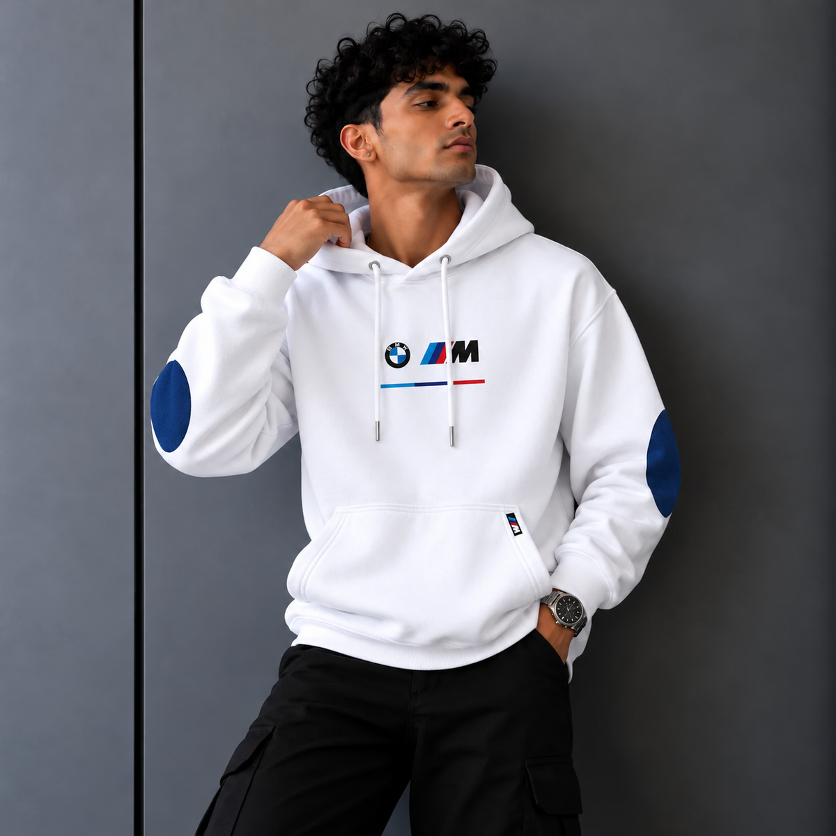 BMW M Motorsport Inspired White Elbow Patch Hoodie