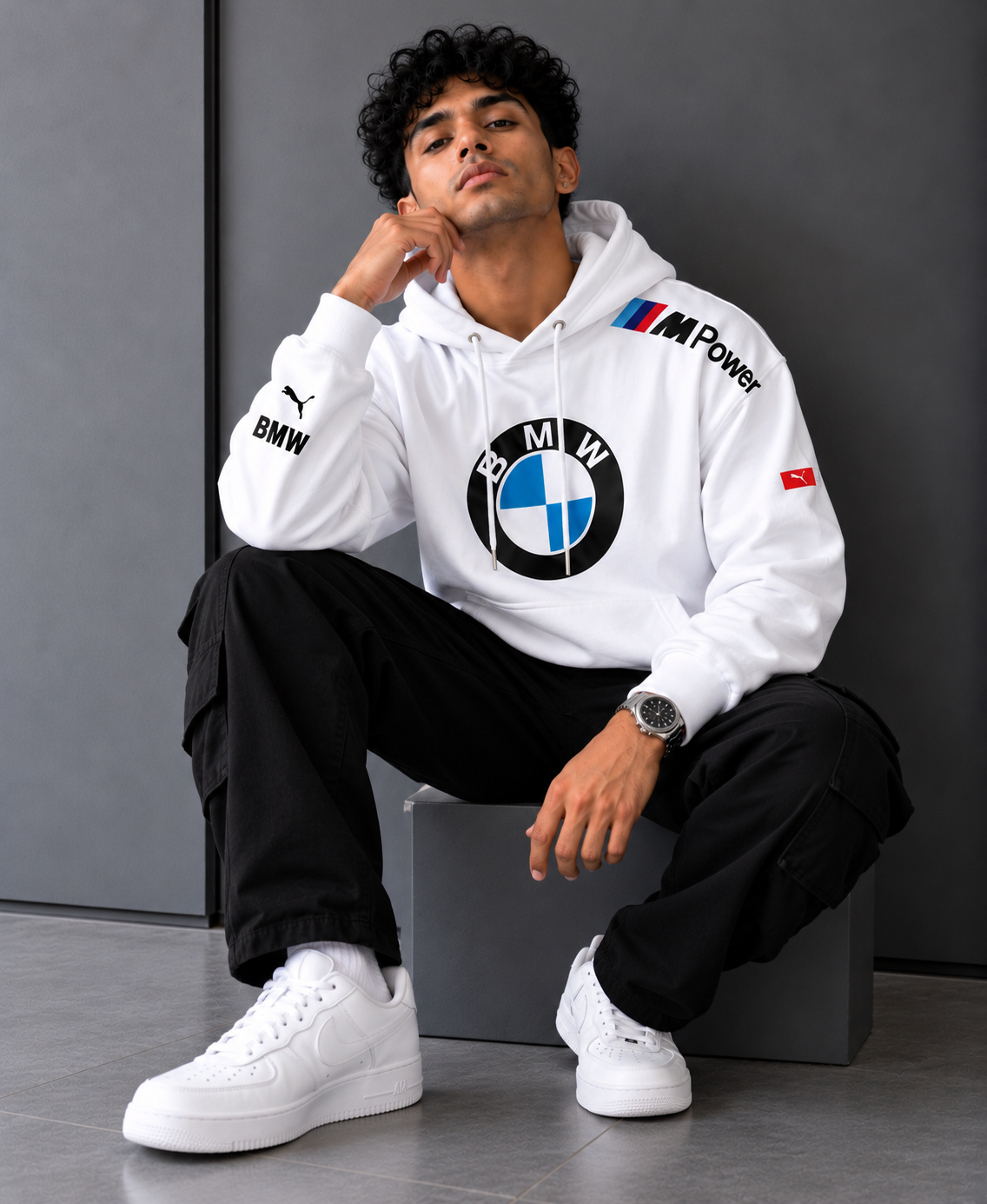 BMW Motorsport Inspired White Oversized Hoodie – M Power Edition