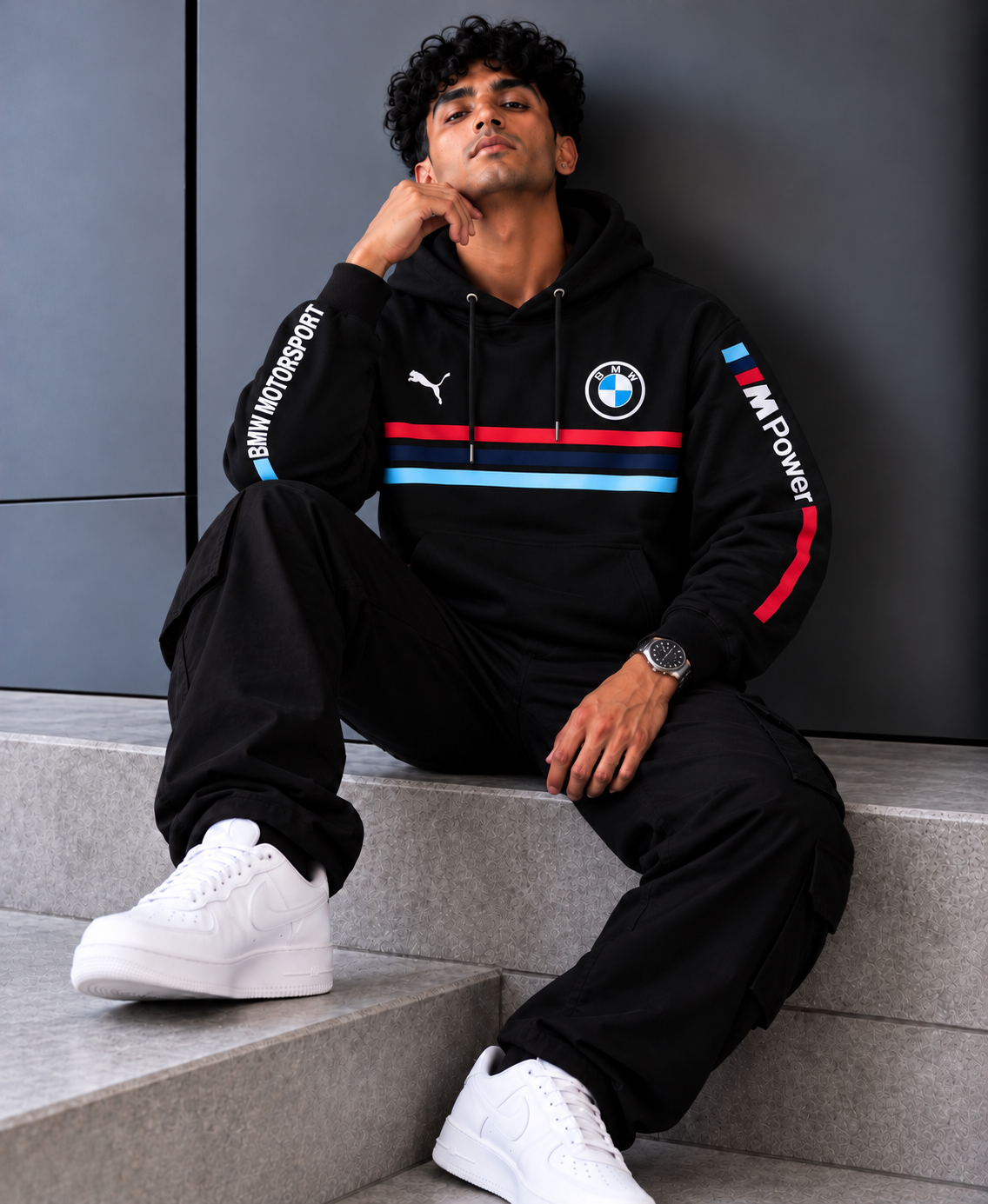 BMW M Motorsport Tricolour Stripes Black Graphic Hoodie